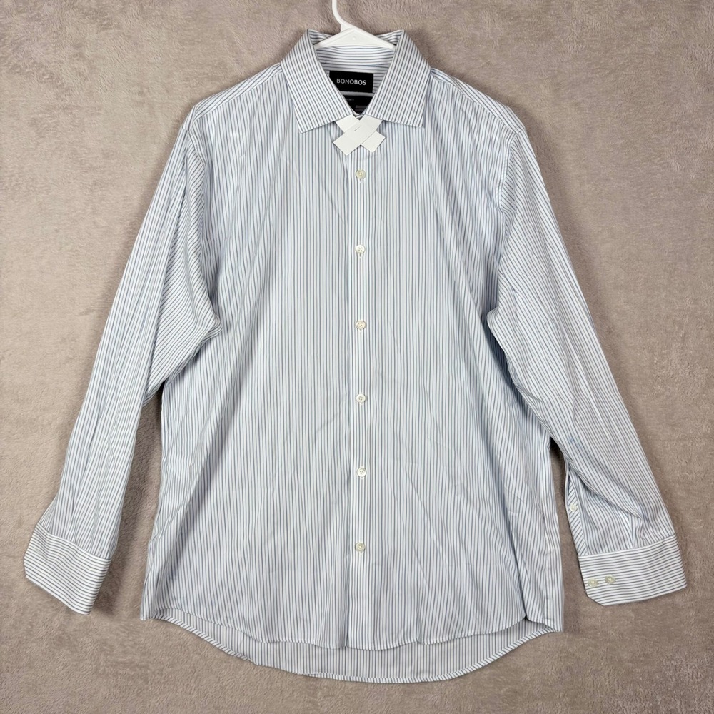 Bonobos Jetsetter Stretch Dress Shirt Mens 16.5x34 Blue‎ White Striped Slim Fit